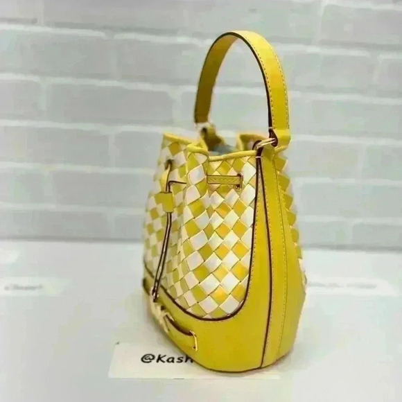 Michael Kors Reed Medium Belted Bucket Bag Purse Golden Yellow - Picture 3 of 9